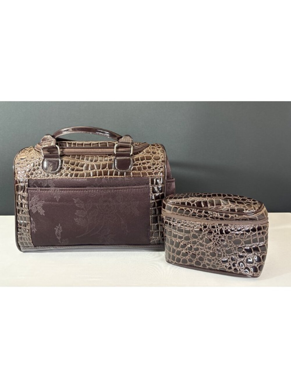 Faux Crocodile Travel Bag  Duffel Dual Handbag With Cosmetic Case Brown Floral - Picture 4 of 16
